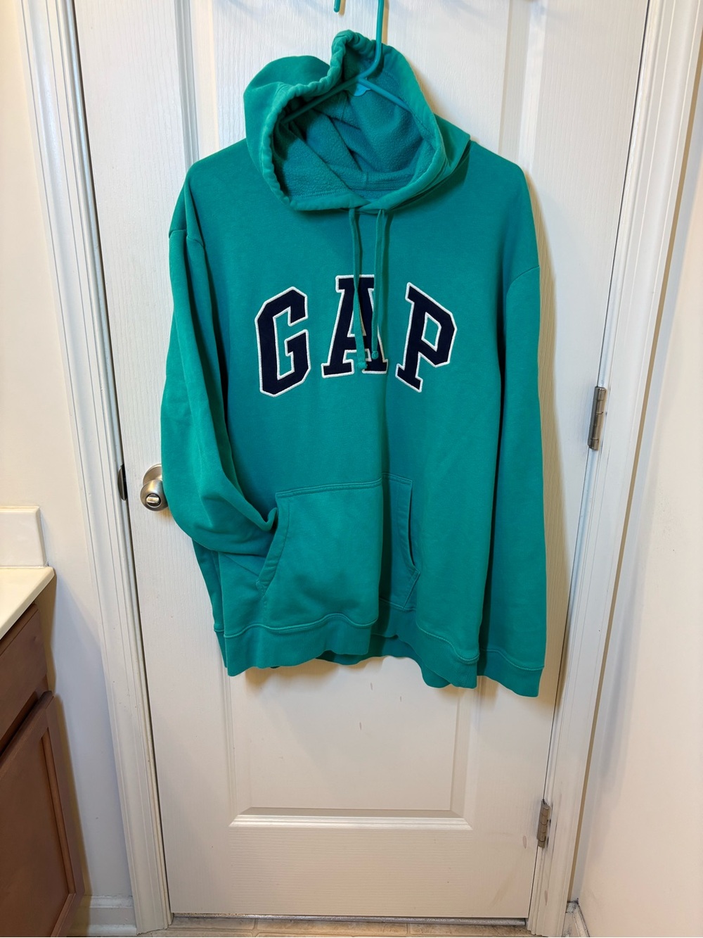 Vintage GAP XXL Teal Green Hoodie Navy Arch Logo Spellout Pullover Y2K